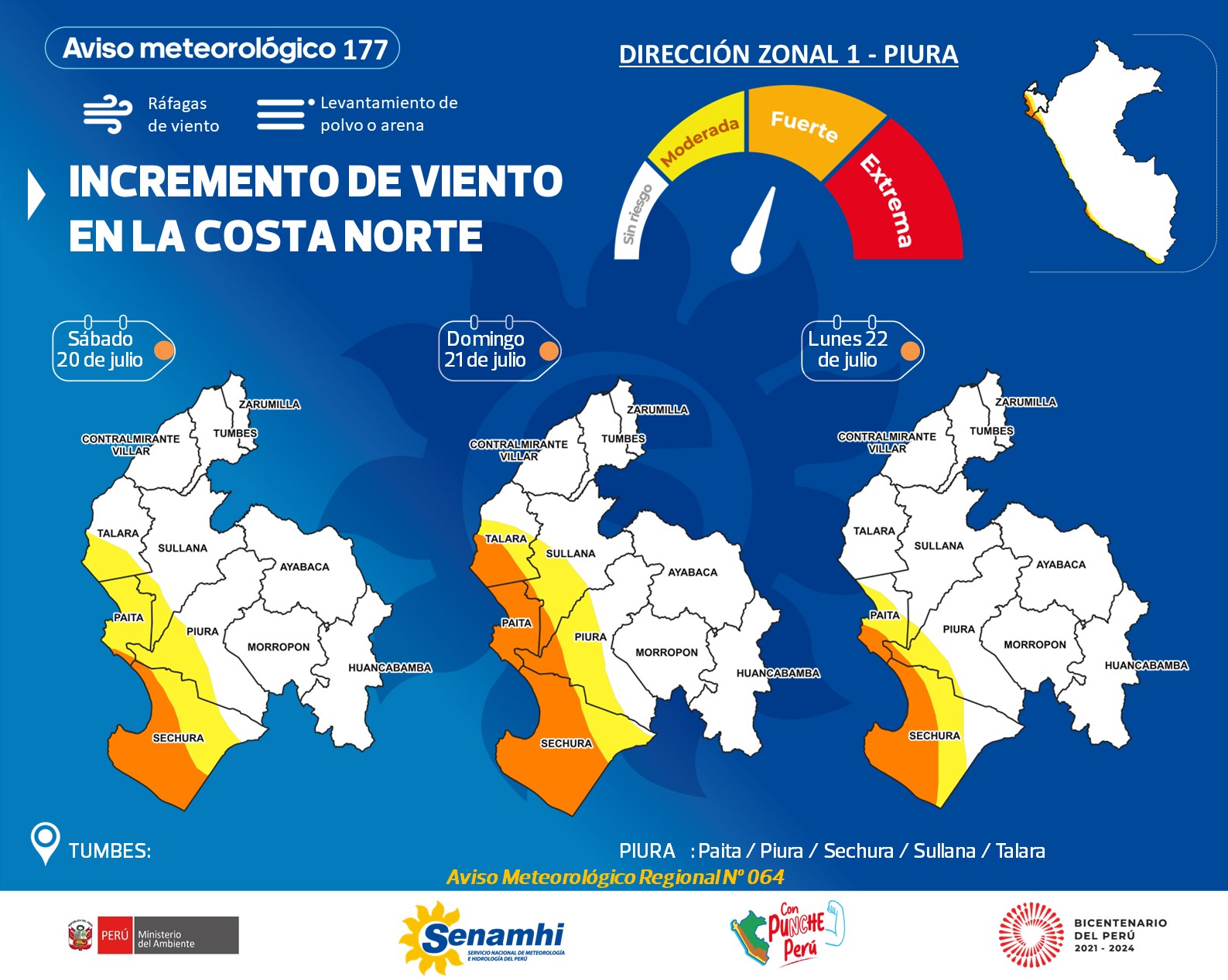 GORE recomienda adoptar medidas preventivas ante aviso meteorológico de vientos fuertes en la Costa Norte