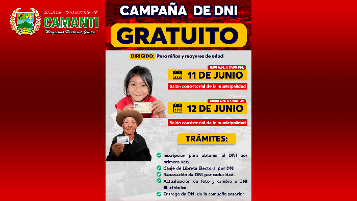  Gran Campaña de Trámite de DNI Gratuito 2024 | Municipalidad Distrital de camanti