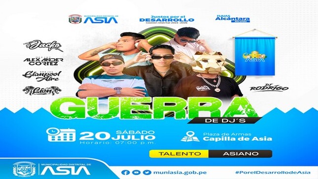 La Municipalidad Distrital de Asia, los invita hoy 20 de julio a partir de las 7:00 p.m., en la Plaza de Armas de Capilla, a disfrutar de música en vivo de la mano de los mejores DJ's Asianos, con los que podrás compartir increíbles presentaciones.
¡No te pierdas esta oportunidad de apoyar a tu DJ's favorito .
¡Los esperamos! 
#feliz60aniversarioasia 
#MunicipalidadDistritalDeAsia 
#IsaiasAlcantaraAlcaldedeAsia
