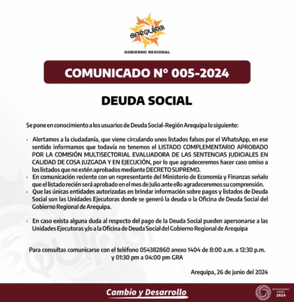 Comunicado Nº 005-2024-GREA Deuda Social