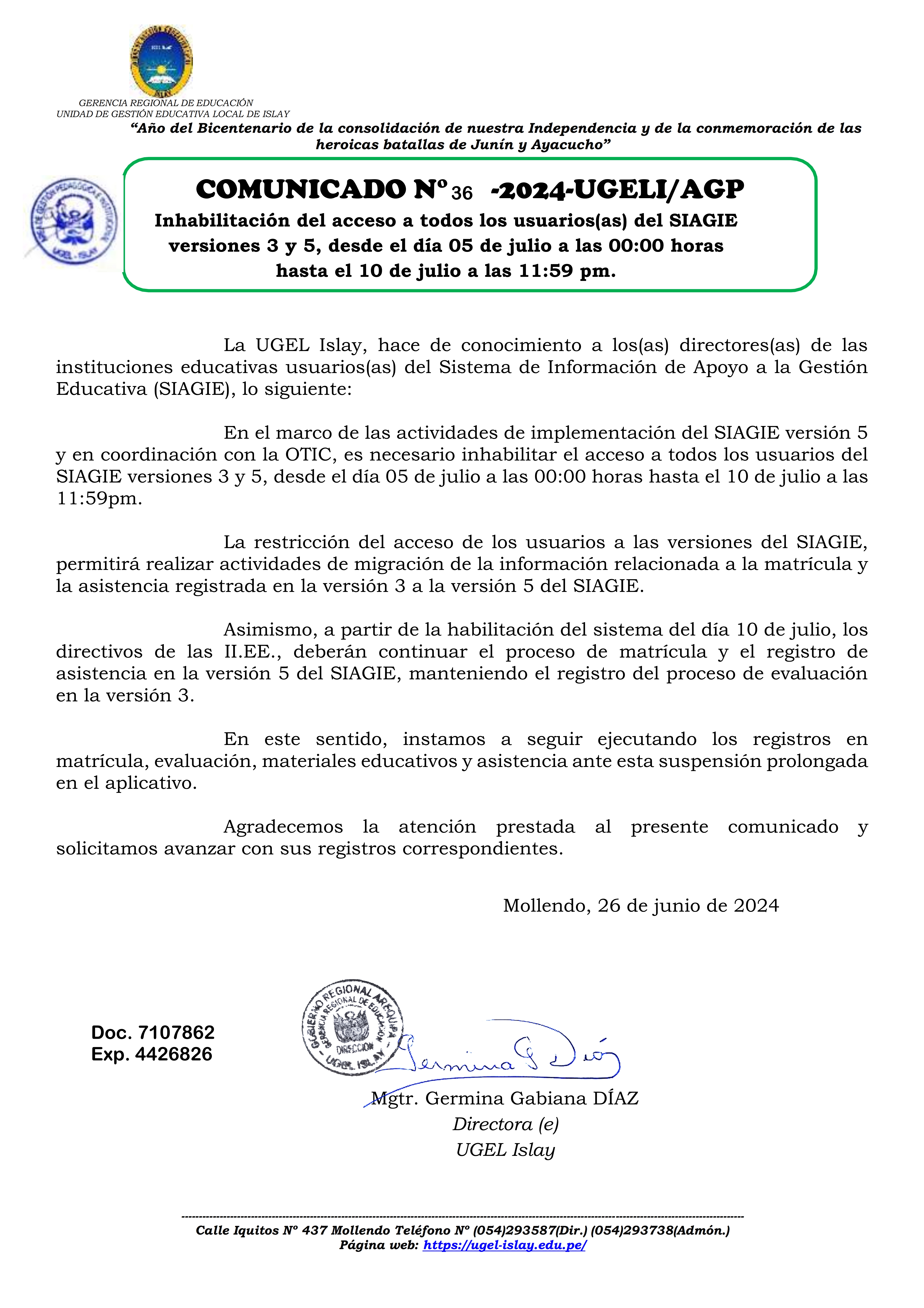 Comunicado N° 36-2024-UGELI/AGP