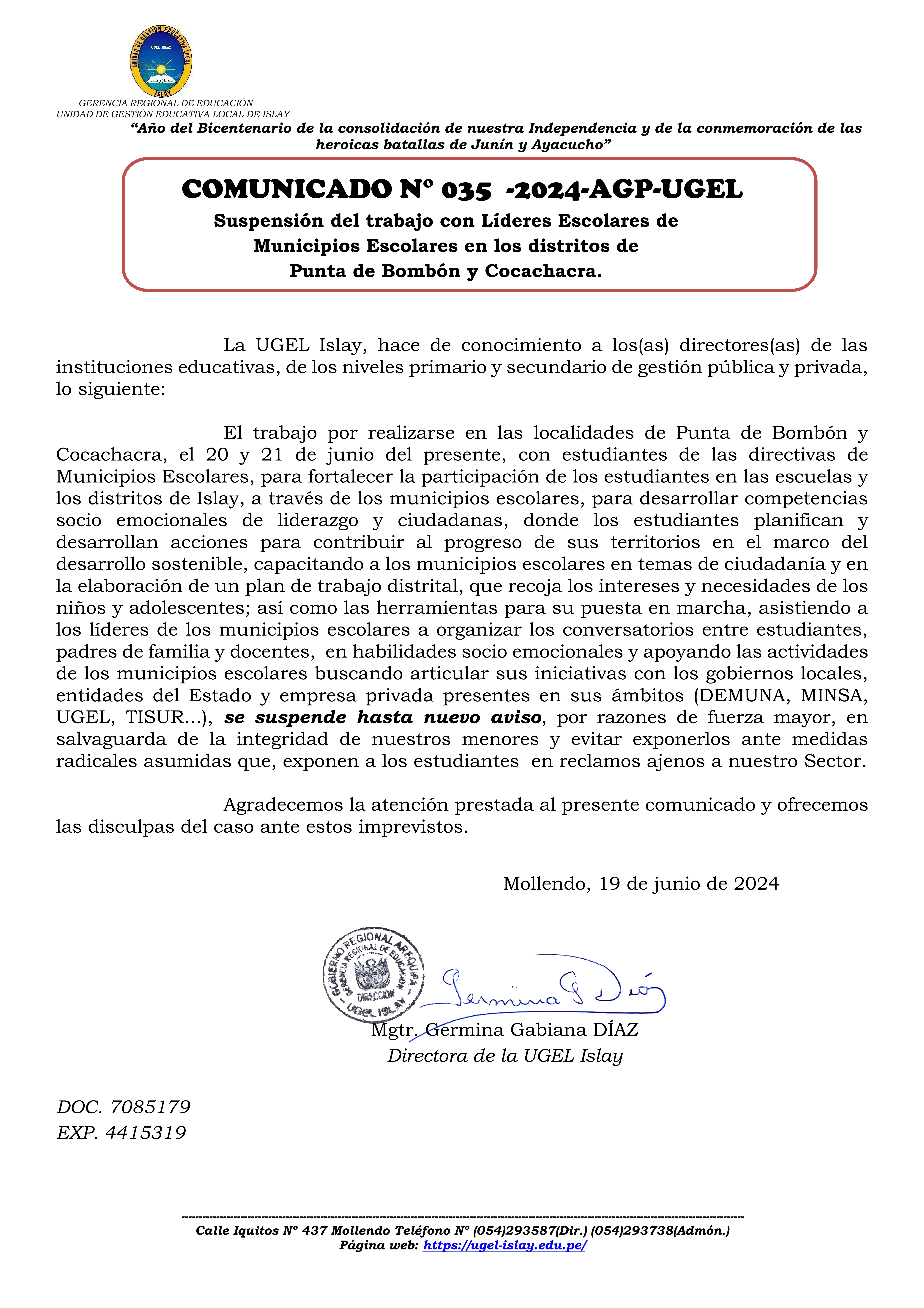 Comunicado N° 035-2024-AGP-UGEL