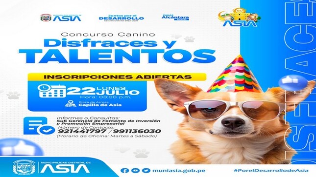 Ven con tu amigo más fiel🐶y participa del “Concurso Canino de Disfraces y Talentos”, que se realizará el lunes 22 de julio, en el marco de las celebraciones del 60º aniversario del distrito de Asia.🐶 🐾!

📆 Día: Lunes 22 de Julio de 2024.
⏰Hora: 3:00 p.m.
📍 Lugar: Plaza de Armas de Capilla de Asia.

👉 Para participar inscríbete al: 991136030 - 951630486

¡𝑯𝒂𝒃𝒓𝒂́𝒏 𝒈𝒓𝒂𝒏𝒅𝒆𝒔 𝒑𝒓𝒆𝒎𝒊𝒐𝒔❗