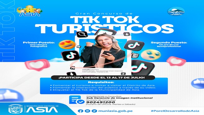 Pon a prueba tu creatividad y realiza el mejor vรญdeo de Tik Tok que se haya visto, donde podrรกs promover el turismo de nuestro Distrito de Asia.
๐ Premios:
- Primer puesto: Una cรกmara fotogrรกfica
- Segundo Puesto : Un Aro de Luz
Inscripciones y envรญo del vรญdeo:
๐ฒ 902491200
๐๐๐ฆ๐๐ฆ ๐๐ข๐ ๐ฃ๐๐๐ง๐๐ฆ ๐๐๐ ๐๐ข๐ก๐๐จ๐ฅ๐ฆ๐ข:
๐๐ฝ LINK: https://bit.ly/3Sapn31
๐ท ๐ยกParticipa desde el 13 al 17 de julio! ๐คณ๐ฝ