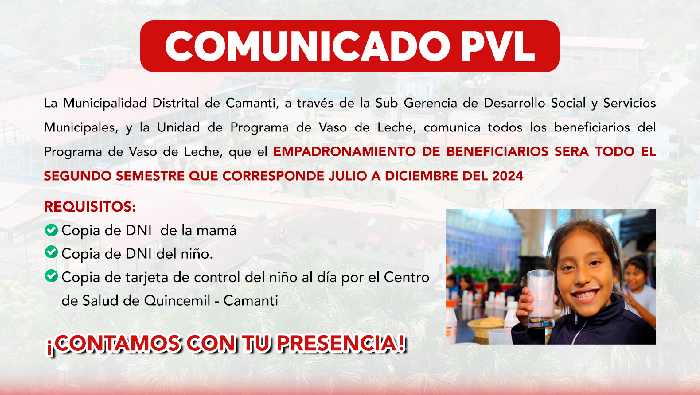 Comunicado de Empadronamiento del Programa de Vaso de Leche 2024