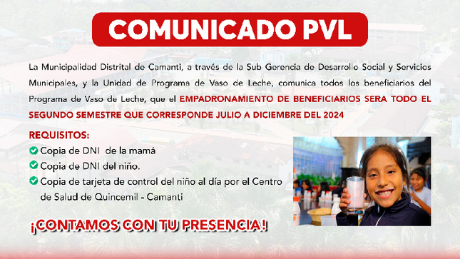 Comunicado de Empadronamiento del Programa de Vaso de Leche 2024