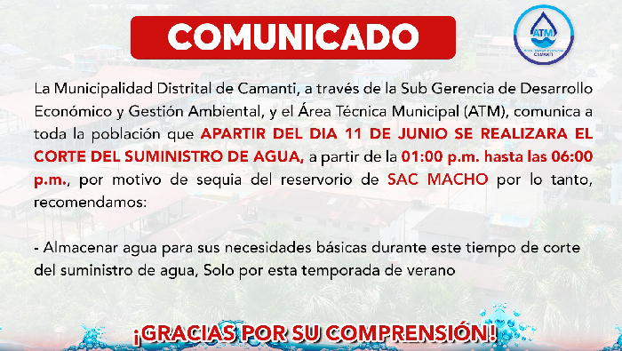 Comunicado: sobre Corte de Agua en Camanti el dia 11 de junio del 2024