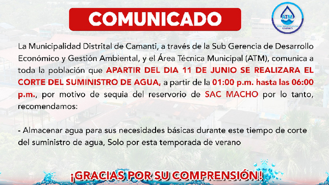 Comunicado: sobre Corte de Agua en Camanti el dia 11 de junio del 2024