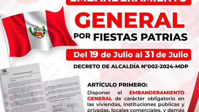 Como muestra de nuestro patriotismo y civismo a nuestro amado país, la Municipalidad de Paucarpata, a través del DECRETO DE ALCALDÍA Nº 002-2024-MDP; se solicita a todos los vecinos y vecinas a realizar el embanderamiento general en todo el ámbito del distrito al conmemorarse los 203º aniversario de la proclamación de la Independencia del Perú.
¡Demuestra tu PATRIOTISMO, Enarbola tu bandera YA! 
¡Fᴇʟɪᴄᴇs Fɪᴇsᴛᴀs Pᴀᴛʀɪᴀs Pᴇʀᴜ́! 