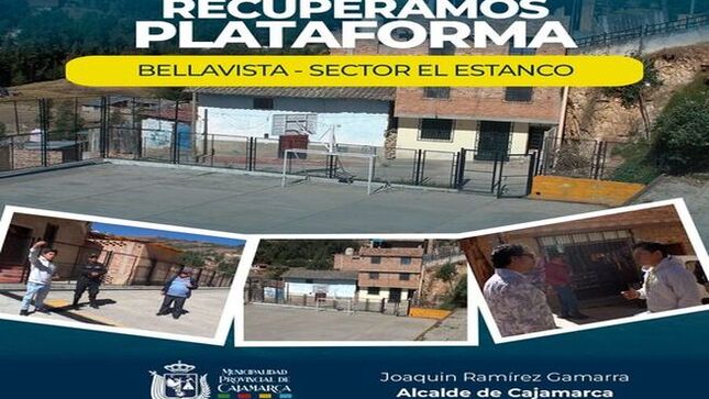 📌La Municipalidad Provincial de Cajamarca, a través de la subgerencia de Participación Vecinal y Registro Civil y el procurador Público Municipal, realizaron la recuperación extrajudicial de bienes municipales de la plataforma BELLAVISTA con partida electrónica N° 0208413 ubicado en el Psj. Las Minas C-2 en el sector 16 el Estanco en atención al expediente y en mérito a la Ordenanza Municipal N° 585-2016-CMPC y a la ley N° 30230.
🚨Por versión de los propios vecinos, era utilizada con fines de lucro y no para fomentar el deporte entre los vecinos. 
✅Desde la comuna local, seguiremos impulsando acciones que ayuden a seguir recuperando espacios públicos en beneficio de la niñez y juventud de Cajamarca. 