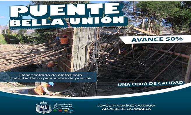 πLa Municipalidad Provincial de Cajamarca informa a la ciudadanΓa sobre el estado actual del proyecto del Puente Bella UniΓ³n. Los trabajos han sido verificados y se encuentran a un 50% de avance. En esta etapa, se estΓ‘ desencofrando aletas para habilitar fierro para aletas de puente