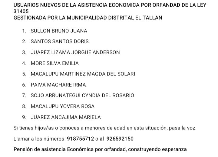 Nuevos usuarios de la Asistencia Económica por Orfandad