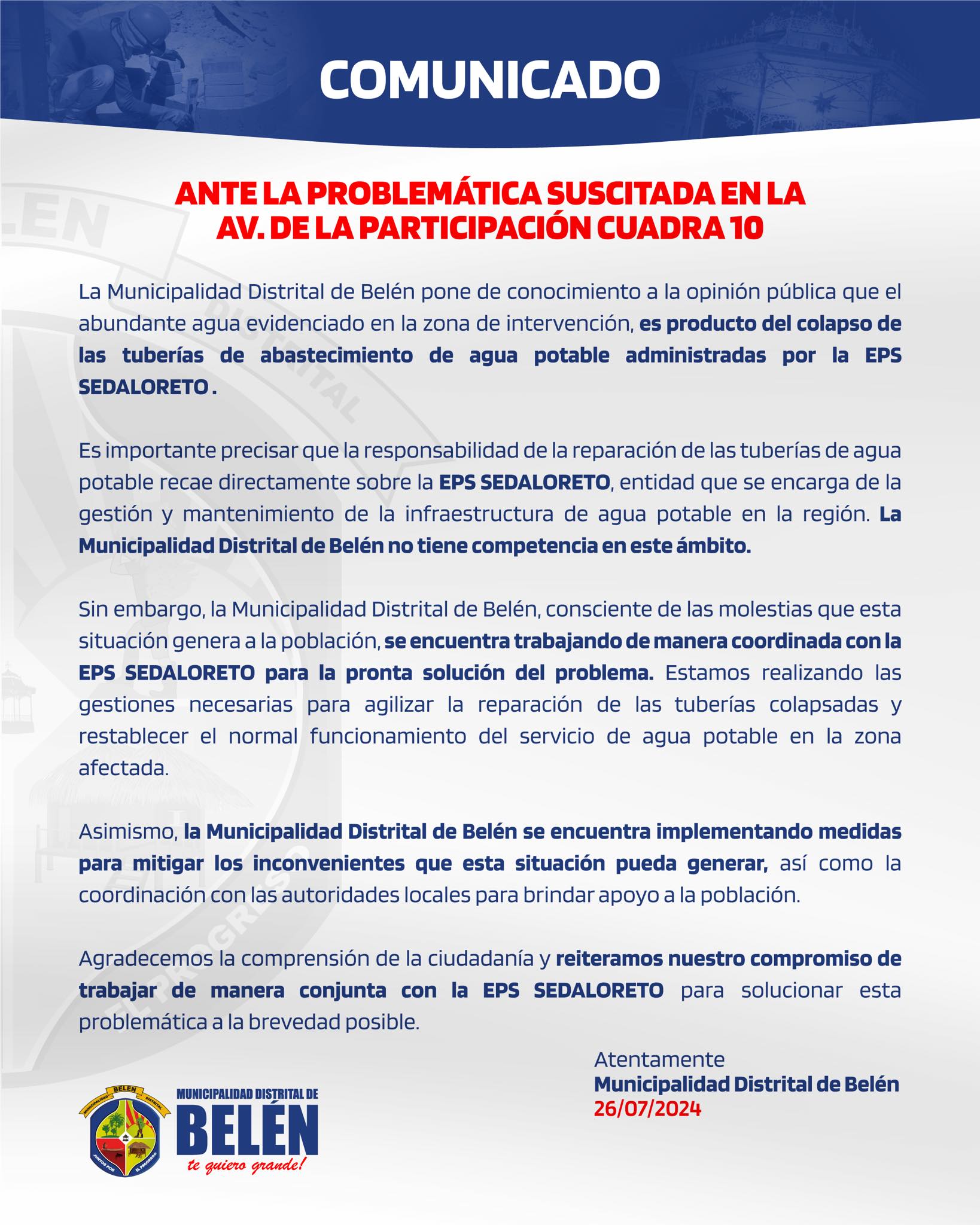 Comunicado ante la problemática de la A.V Participación cuadra 10