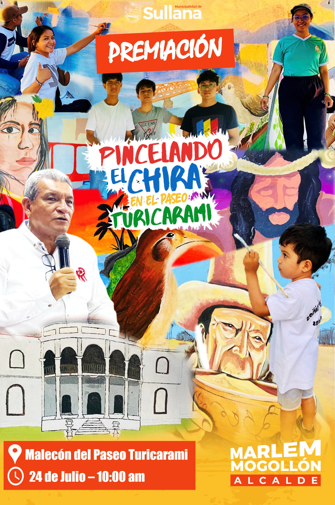 Este 24 de julio a las 10:00 am, se llevará a cabo la presentación y premiación del concurso "Pincelando el Chira" en el Paseo Turicarami, con la culminación de todos los murales que han embellecido este espacio.
El alcalde de Sullana, Ing. Marlem Mogollón, estará presente para entregar los premios y otorgar reconocimientos a los estudiantes participantes, celebrando de esta manera, su dedicación y talento comprometido con el arte, la cultura y la revitalización de Sullana.
Todos los patrocinadores que han hecho posible el desarrollo del concurso, incluidos entidades financieras, empresas agroindustriales, restaurantes y otros, estarán presentes en el evento, mostrando su apoyo a los estudiantes y al desarrollo cultural de Sullana.
Invitamos a toda la ciudadanía a asistir y celebrar juntos, este logro artístico y cultural que resalta el talento local y la belleza de nuestra ciudad.