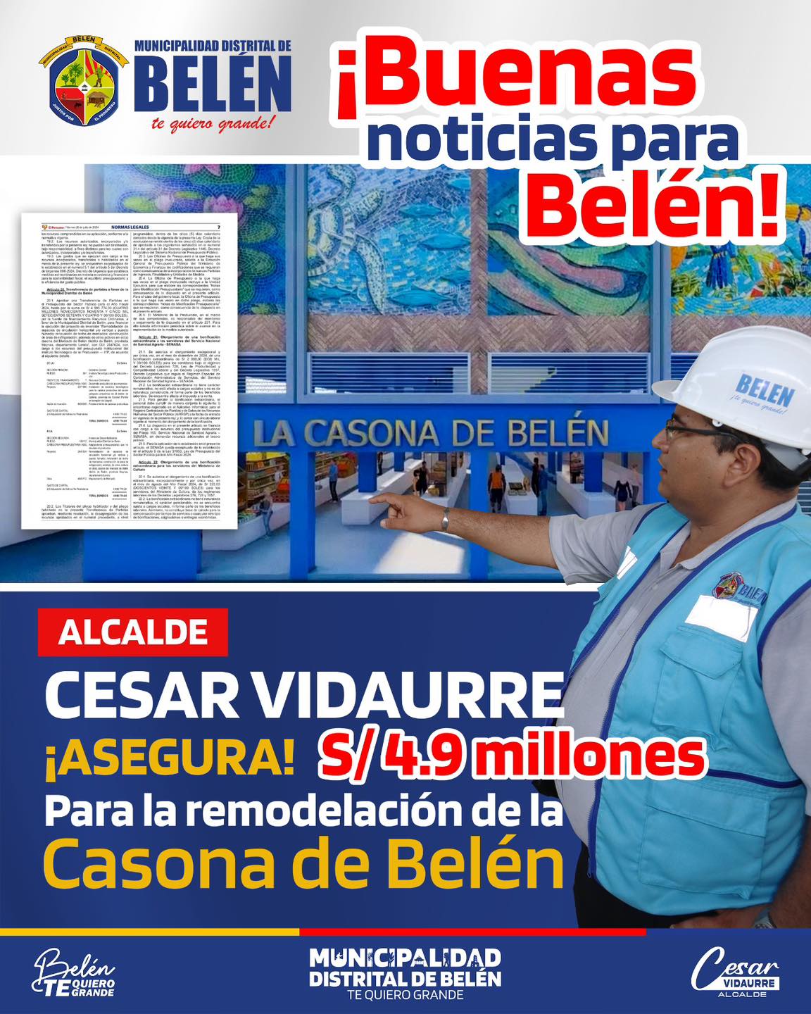 El alcalde de la municipalidad Cesar Vidaurre obtiene financiamiento para la remodelación dé la casona de belén  