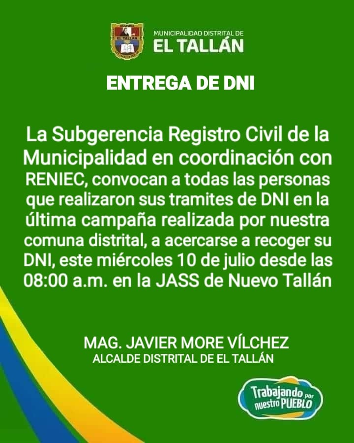 Foto de comunicado de entrega de DNI