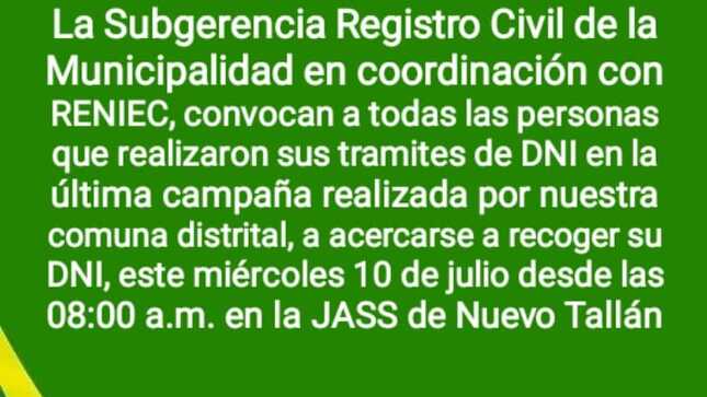 Foto de comunicado de entrega de DNI