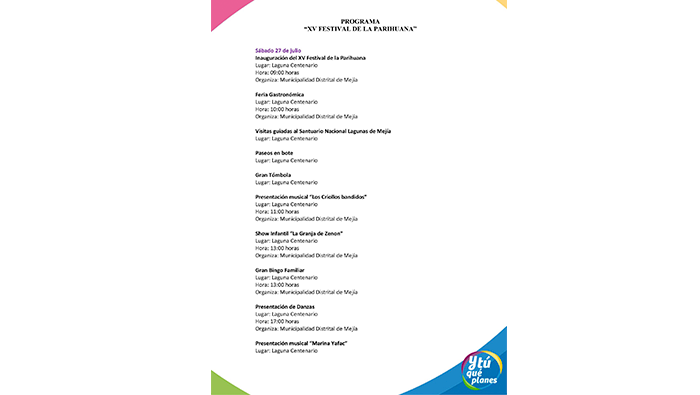 “XV Festival de la Parihuana 2024" se encuentra en el Portal ¿Y Tú Que Planes?, recomendando a los turistas visitar Mejía.