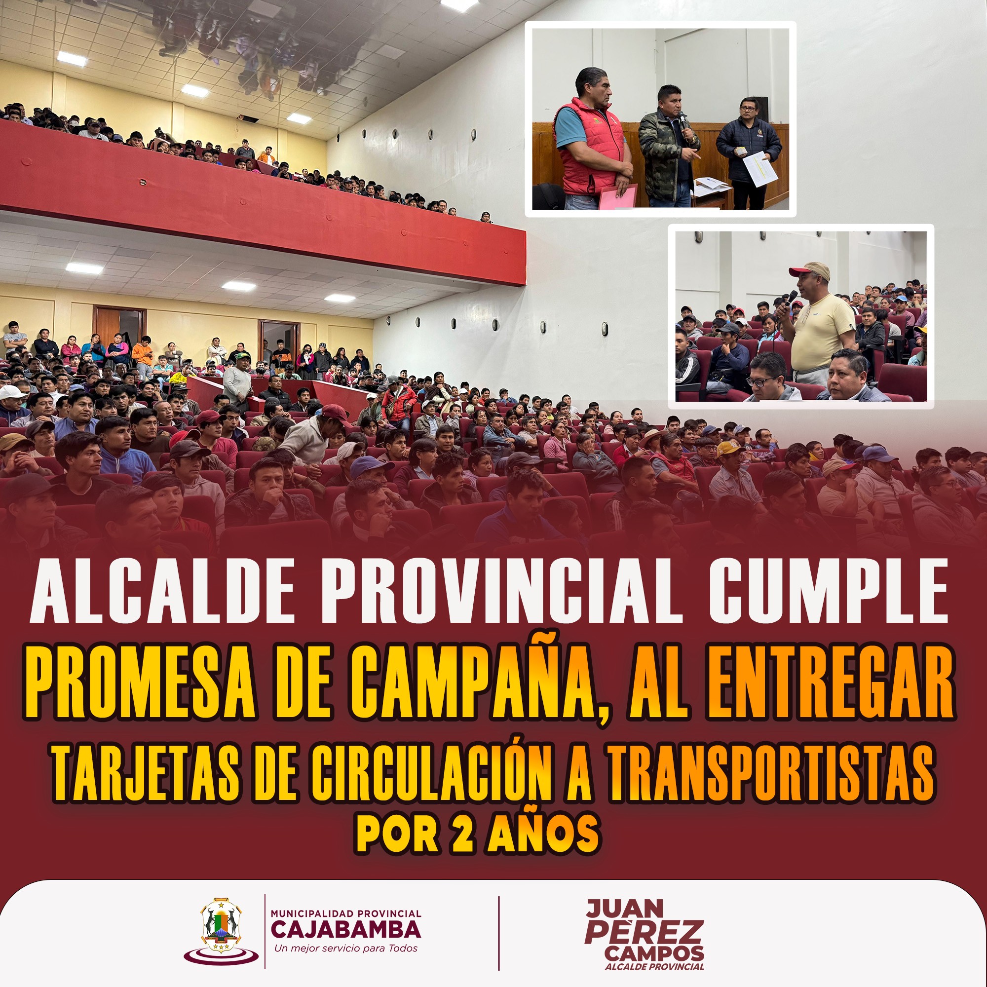 Alcalde provincial cumple promesa de campaña al entregar tarjetas de habilitación vehicular a transportistas por 2 años