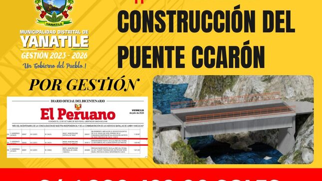 Renovación De Puente; En El(La) Red Vial Vecinal Cu-699 Sobre El Rio Ccaron Distrito De Yanatile, Provincia Calca, Departamento Cusco