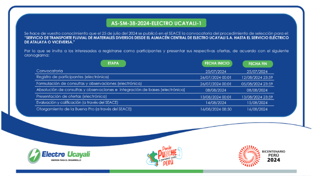 Adjudicación Simplificada N° AS-SM-38-2024-ELECTRO UCAYALI-1 