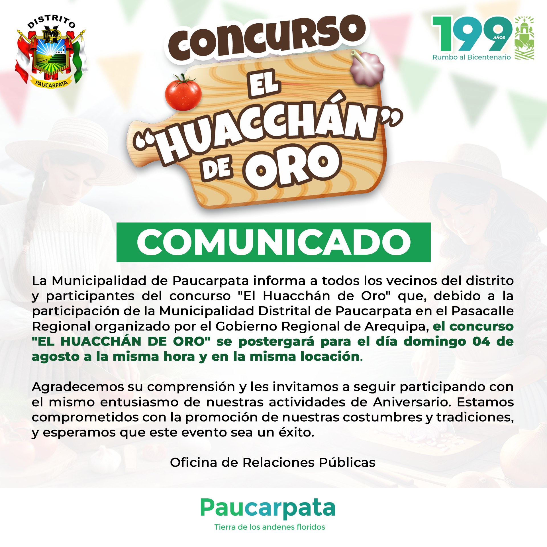 La Municipalidad de PAUCARPATA comunica al Público en General y a los PARTICIPANTES sobre la postergación del concurso “El Huacchán de ORO”.