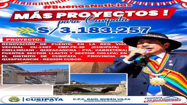 Cusipata obtiene mas de 3 millones de soles para puentes, gracias a la gestión del Alcalde.