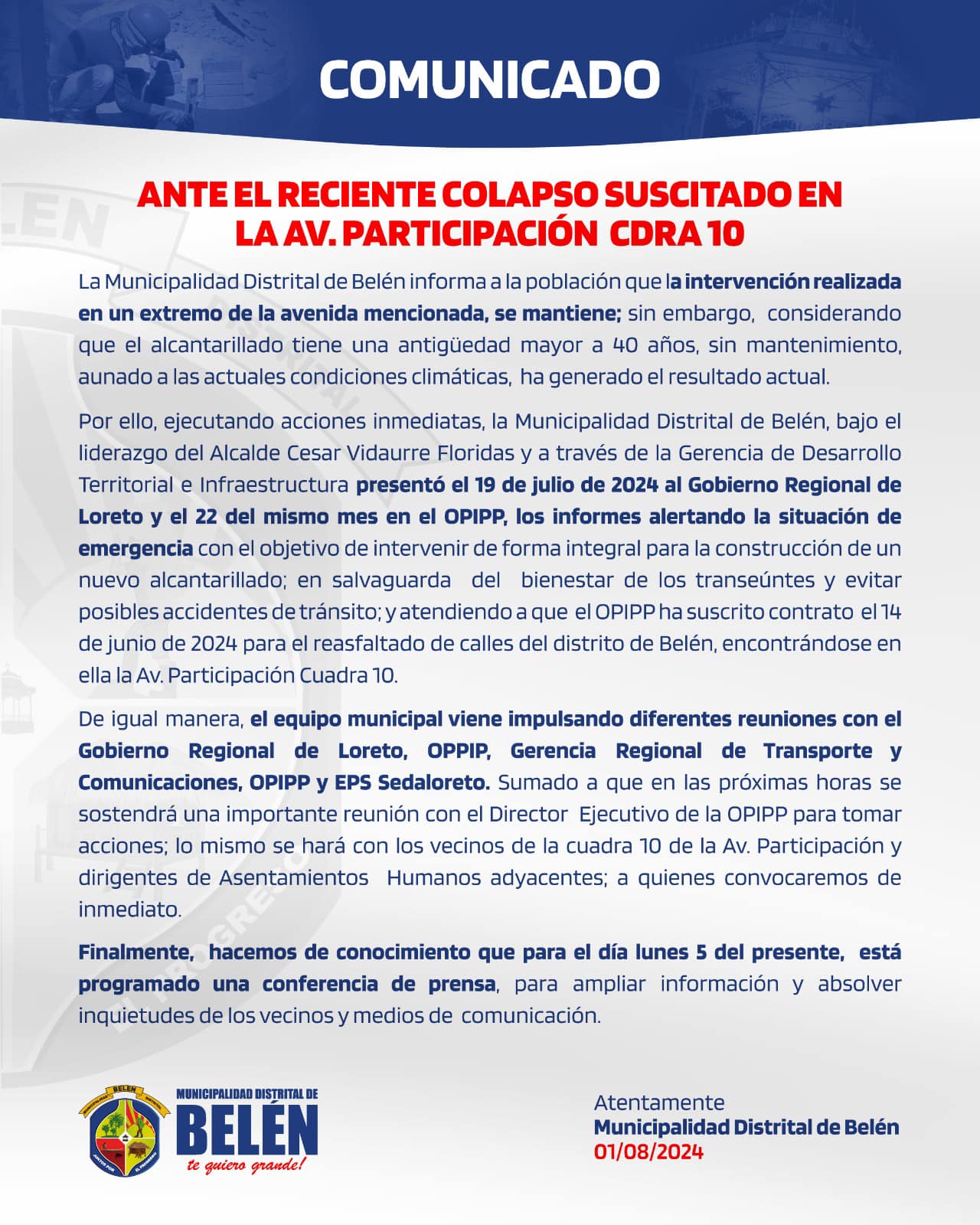 Comunicado informa a la población sobre el reciente colapso de la Avenida Participación cuadra 10.