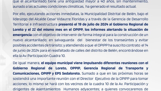 Comunicado informa a la población sobre el reciente colapso de la Avenida Participación cuadra 10.