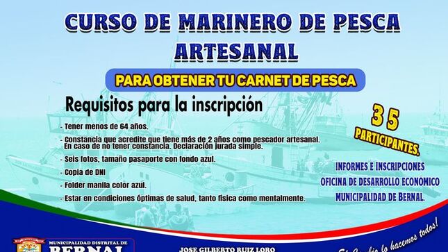 Invitación a participar del curso “MARINERO DE PESCA ARTESANAL”  para obtener el carnet de pesca artesanal