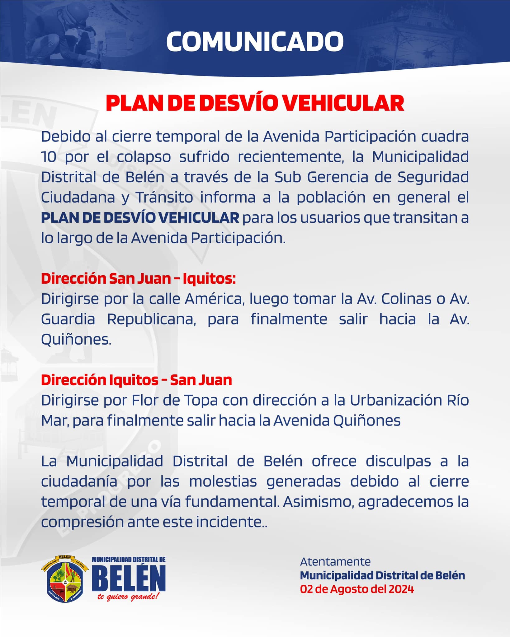 Plan de desvió vehicular ante el cierre temporal de la Avenida participación cuadra 10