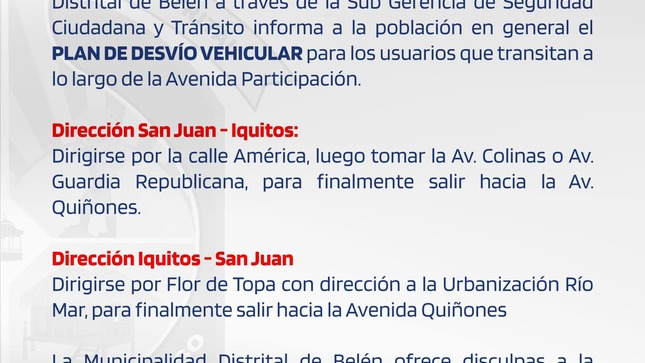 Plan de desvió vehicular ante el cierre temporal de la Avenida participación cuadra 10