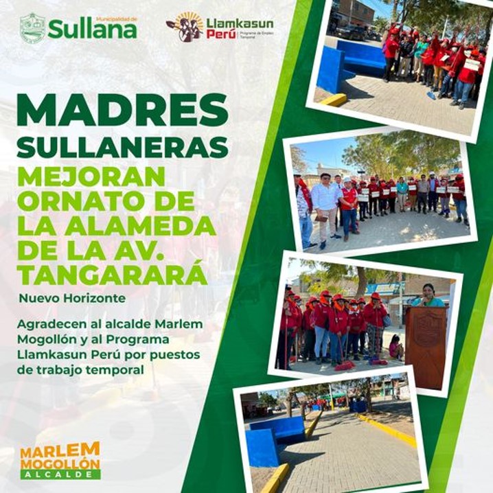 Gracias al trabajo articulado de la Municipalidad de Sullana, liderada por el alcalde Marlem Mogollón Meca, y el programa Llamkasun, se culminó con la actividad de limpieza, mantenimiento y acondicionamiento del espacio público de la Alameda de la Av. Tangarará en el sector Nuevo Horizonte. Dicho proyecto, ha logrado generar 49 puestos de trabajo temporal para mujeres sullaneras.
Este miércoles 31 de julio se realizó el acto de clausura de esta actividad, contando con la participación de la regidora Prof. Tatiana Ríos Vásquez, en representación de alcalde de Sullana; Ing. Rolando Pasache Araujo, gerente de Desarrollo Urbano e Infraestructura; Ing. Nelson Palacios Puce, subgerente de Obras; Lic. José Luis Chozo, gerente de Desarrollo e Inclusión Social; Lic. Carlos Cerro Maza, subgerente de Participación Vecinal, e Ing. Jonhatan Palacios Castillo, responsable técnico del proyecto.
Por su parte, la Sra. María Tineo Puelles, una de las beneficiadas, expresó palabras de agradecimiento, al alcalde Marlem Mogollón y al programa Llamkasun Perú. “Estamos muy agradecidas porque durante estos 21 días hemos trabajando toda la Av. Tangarará con mucho esfuerzo, y es por eso que esperamos que todos los vecinos colaboren con el orden y la limpieza”.
Cabe señalar que en el presente periodo y gracias a la voluntad política del alcalde, también se ha realizado una intervención inmediata con el programa Llamkasun en el Sector I del Centro Poblado Chalacalá Alta, beneficiando a más de 1000 pobladores, generando 61 puestos de trabajo temporal para los lugareños. Gracias a estas intervenciones inmediatas se puede transformar el ornato de la provincia de Sullana, haciendo un lugar limpio y seguro para los moradores.