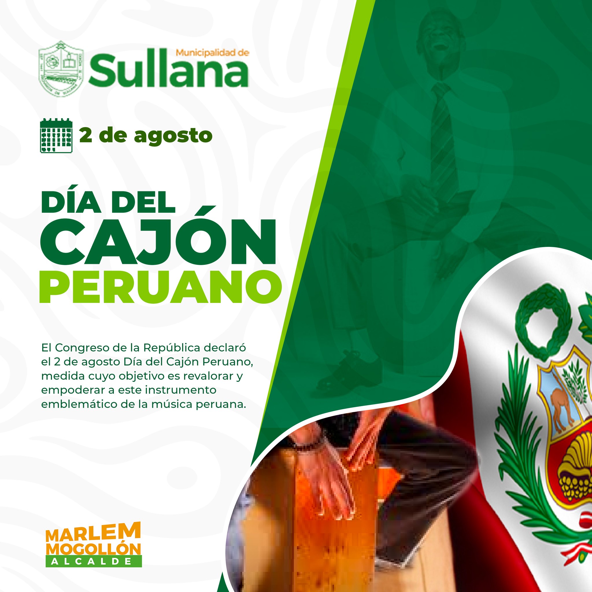 El Congreso de la República declaró el 2 de agosto Día del Cajón Peruano, medida cuyo objetivo es revalorar y empoderar a este instrumento emblemático de la música peruana.
Asimismo, la Organización de Estados Americanos declaró al cajón peruano “instrumento del Perú para la Américas” y reconoció el aporte de la música peruana al acervo cultural de las Américas.
Cabe mencionar que el cajón es un instrumento musical de origen peruano que se ha popularizado en todo el mundo gracias al nuevo flamenco, el jazz moderno y la música afro-latina-caribeña.
