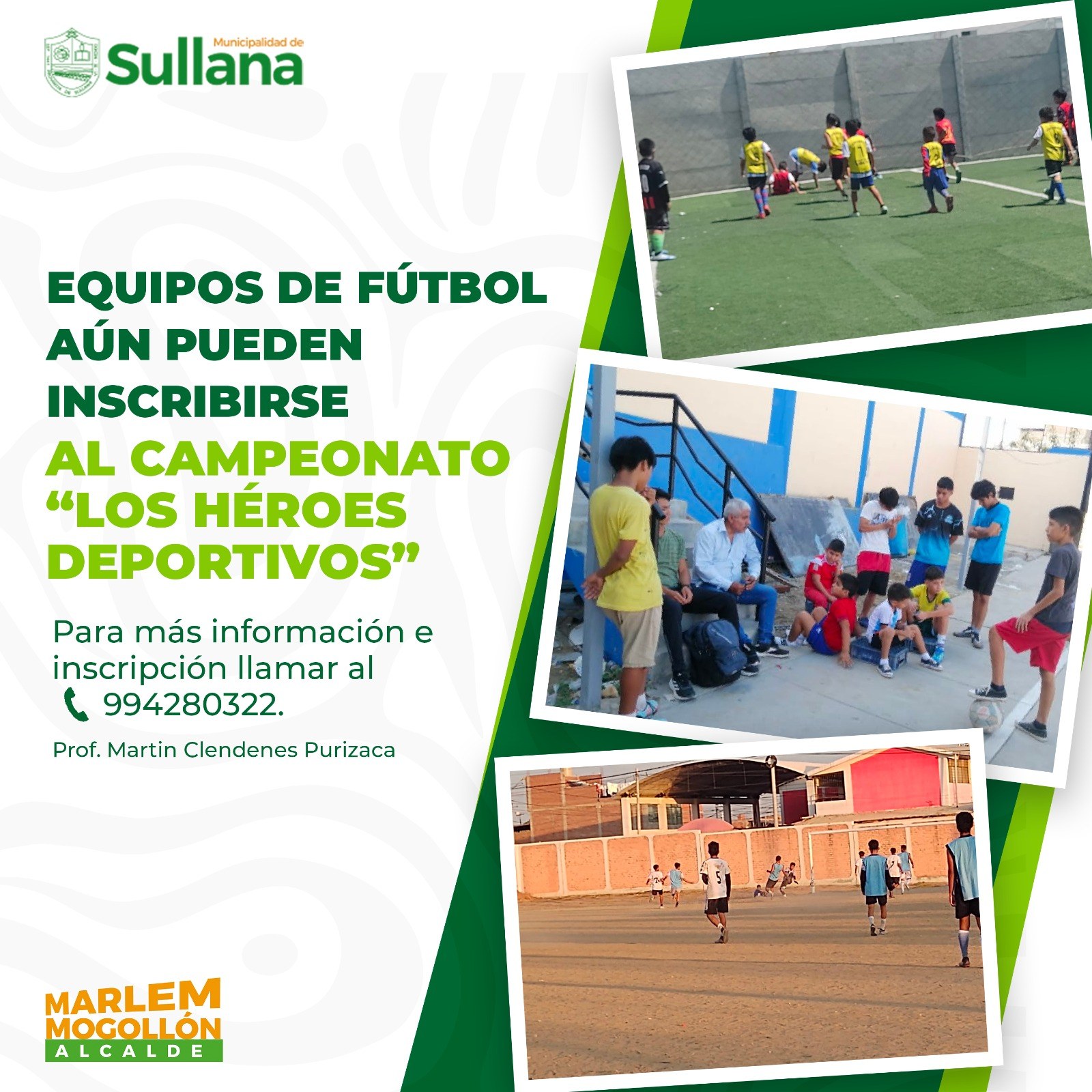 La Municipalidad de Sullana, liderada por el Ing. Marlem Mogollón Meca, a través de la subgerencia de Educación, Cultura, Deporte, Recreación y Juventudes, informa a todos los jóvenes varones y mujeres que la convocatoria aún continúa abierta para el campeonato de fútbol “Los Héroes Deportivos”, actividad que se llevará a cabo en el polideportivo 9 de Octubre “Mario Yaksetig Guzmán”.
Según informó el coordinador del evento, Prof. Martin Clendenes Purizaca, las categorías que pueden participar son las siguientes: Sub 8, Sub 10, Sub 12, Sub 14 y Sub 17. Las sesiones de entrenamiento se llevarán a cabo los lunes, miércoles y viernes de 7:30 p.m. a 9:00 p.m., en la plataforma deportiva Barrio Norte María Auxiliadora.
“La gestión viene trabajando y apostando durante todo este tiempo en diferentes disciplinas deportivas, como vóley, ajedrez y fútbol. Nosotros creemos firmemente que de esta manera los jóvenes sullaneros aprovechan de la mejor manera su tiempo”, señaló Clendenes.
Por su parte, el Tec. Victor Torres y el Profesor Sergio Peña, invitan a todos los jóvenes de la zona, varones y mujeres para que se preparen y participen de este campeonato, y de esta manera demuestren sus habilidades.