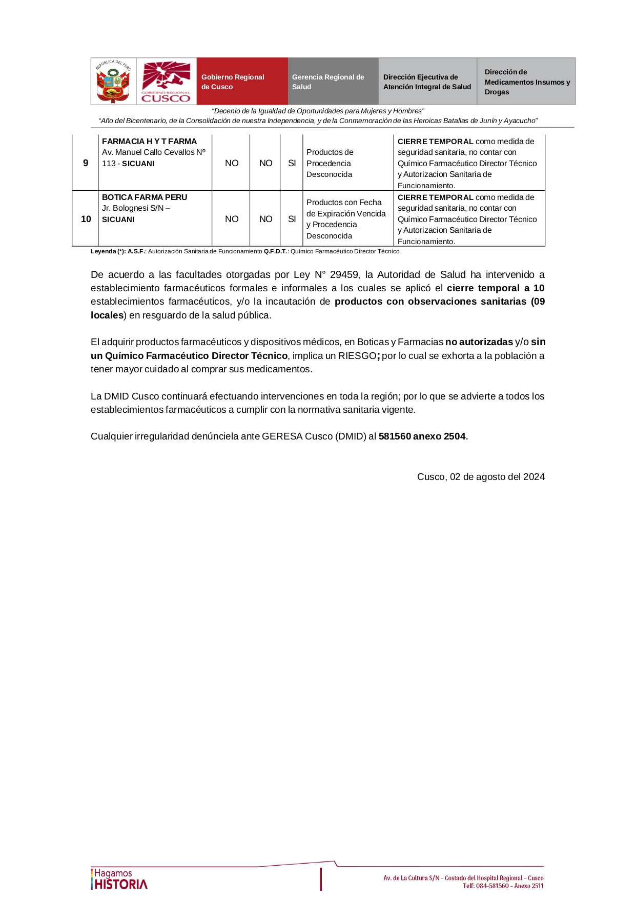 Lista de 10 establecimientos farmacéuticos en Wanchaq y Sicuani cerrados temporalmente
