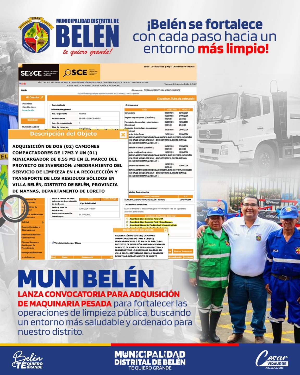 Alcalde Cesar Vidaurre Floridas anuncia convocatoria para la adquisición de nueva maquinaria pesada para fortalecer el servicio de limpieza