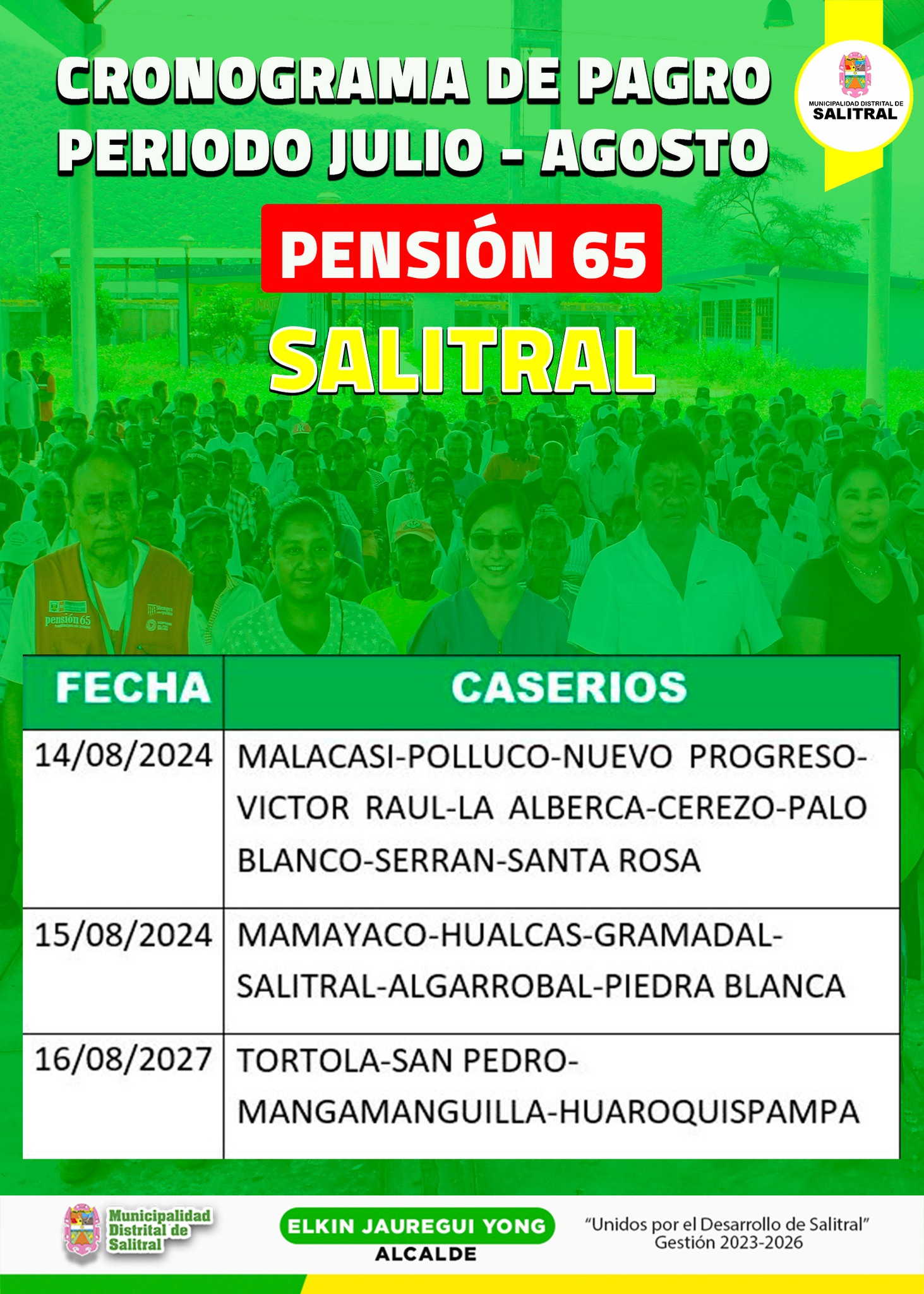 Cronograma de pago del mes de julio y agosto del programa pensi贸n 65