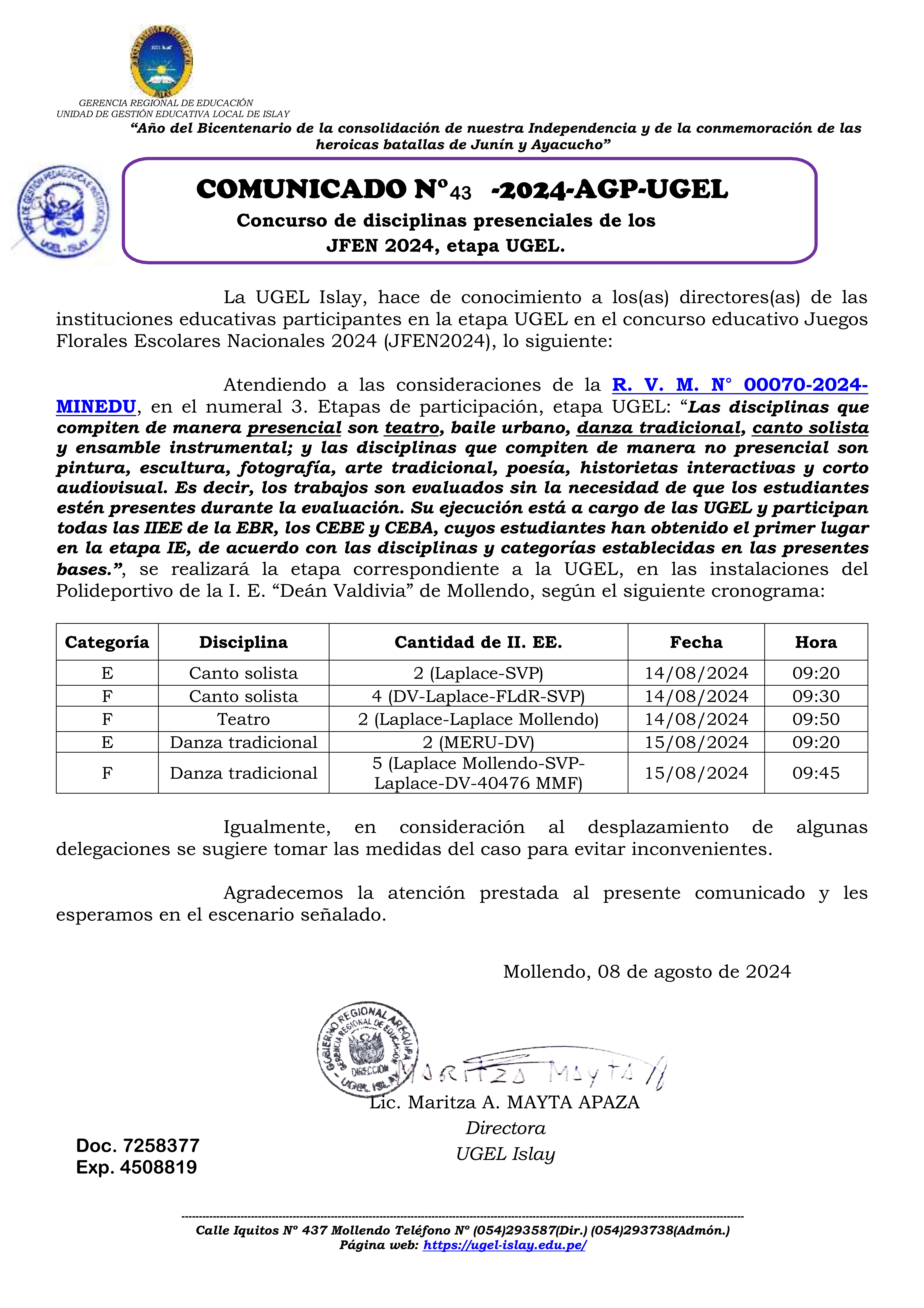 Comunicado N° 43-2024-AGP-UGEL