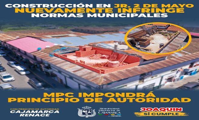 🚧 Imponiendo el principio de autoridad, la Municipalidad Provincial de Cajamarca, a través del área de Ejecución Coactiva, procedió a paralizar una obra de construcción en el centro histórico, ubicada en el Jr. Dos de Mayo #587, esquina con el jirón Amazonas. Esta obra no contaba con los permisos correspondientes para su ejecución.
⚠️ Estos trabajos ilegales infringen el ordenamiento municipal por segunda vez. Exhortamos a los ciudadanos y empresas a cumplir con las normativas vigentes y a gestionar los permisos necesarios antes de iniciar cualquier tipo de construcción o modificación en el centro histórico.