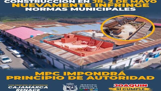🚧 Imponiendo el principio de autoridad, la Municipalidad Provincial de Cajamarca, a través del área de Ejecución Coactiva, procedió a paralizar una obra de construcción en el centro histórico, ubicada en el Jr. Dos de Mayo #587, esquina con el jirón Amazonas. Esta obra no contaba con los permisos correspondientes para su ejecución.
⚠️ Estos trabajos ilegales infringen el ordenamiento municipal por segunda vez. Exhortamos a los ciudadanos y empresas a cumplir con las normativas vigentes y a gestionar los permisos necesarios antes de iniciar cualquier tipo de construcción o modificación en el centro histórico.