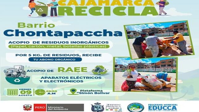 Gran Reciclatón en el Barrio Chontapaccha, puedes llevar , papel, cartón, metal, botellas plásticas. Además lleva tus aparatos Eléctricos y Electrónicos  RAEE.
🗓 Día: viernes 𝟎9 𝐝𝐞 𝐚𝐠𝐨𝐬𝐭𝐨 𝐝𝐞𝐥 𝟐𝟎𝟐𝟒‧ 
⏰ Hora:  09 :𝟎𝟎 𝐚𝐦
📍 𝐏𝐥𝐚𝐳𝐮𝐞𝐥𝐚 Simón Bolívar - Barrio Chontapaccha