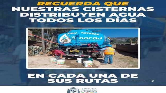 📆 Debido a la escasez de agua, estamos activando el suministro mediante cisternas para asegurar que todos los hogares tengan acceso al agua potable. Les pedimos hacer un uso responsable del agua mientras enfrentamos esta situación.
🔍 Consulta las rutas y horarios en las imágenes adjuntas.
¡Cuidemos el agua! 💧
 #CajamarcaRenace