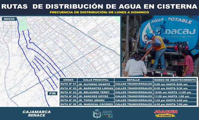 ๐ Debido a la escasez de agua, estamos activando el suministro mediante cisternas para asegurar que todos los hogares tengan acceso al agua potable. Les pedimos hacer un uso responsable del agua mientras enfrentamos esta situaciรณn.
๐ Consulta las rutas y horarios en las imรกgenes adjuntas.
ยกCuidemos el agua! ๐ง
#CajamarcaRenace