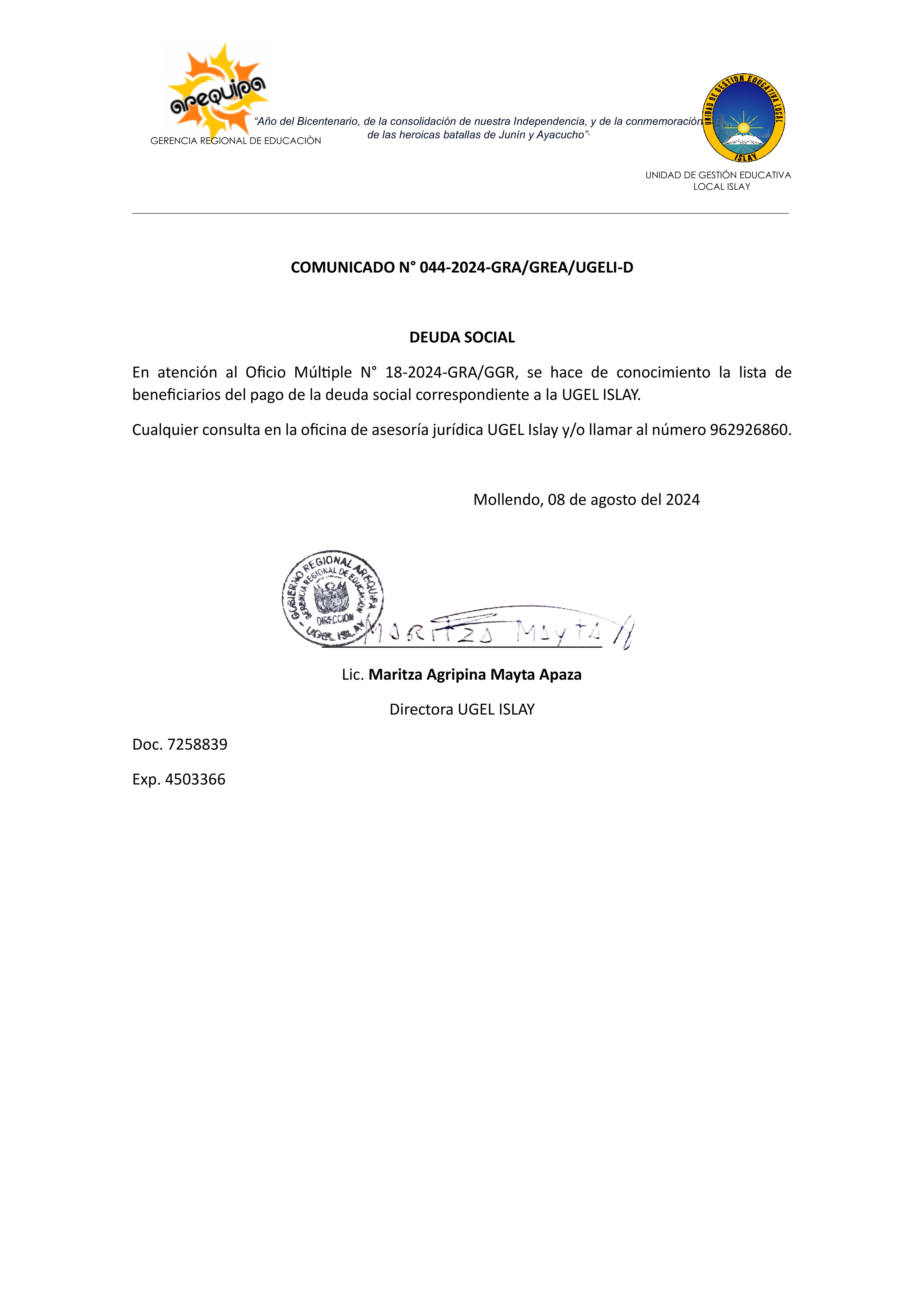 Comunicado N° 044-2024-GRA/GREA/UGELI-D