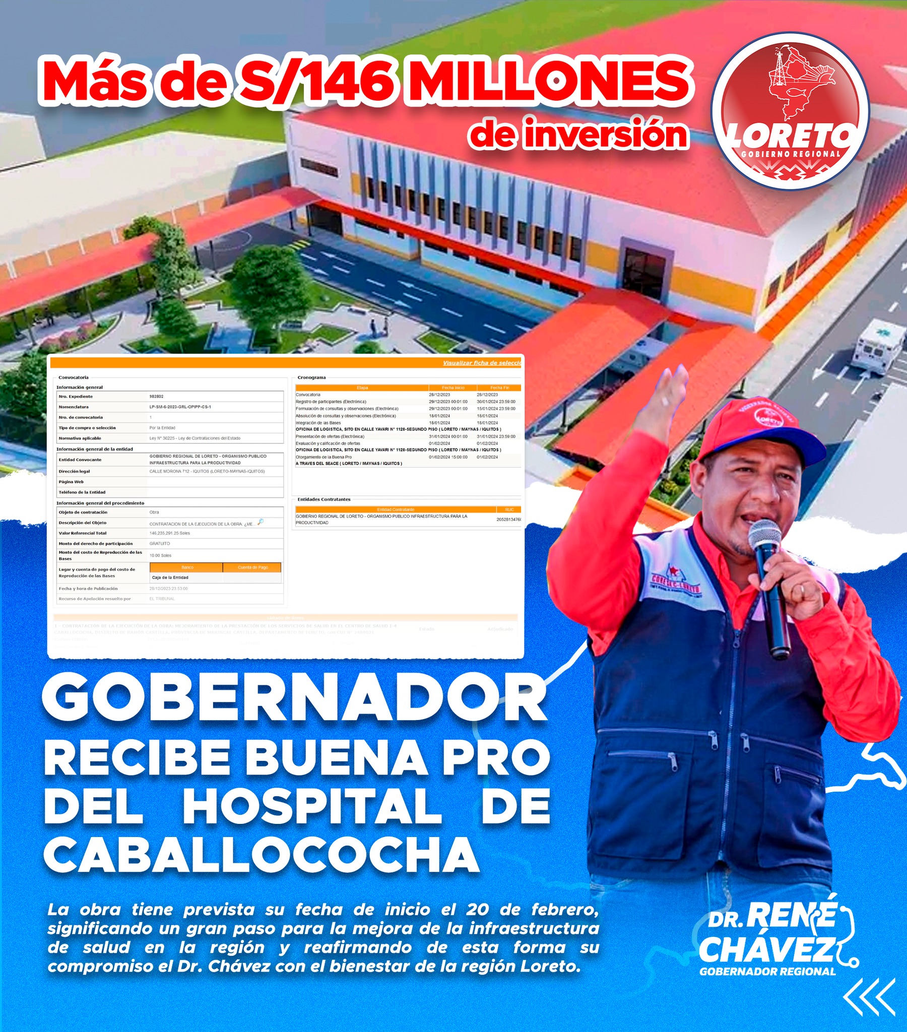 Gobernador Dr. René Chávez recibe buena pro del Hospital de Caballococha.