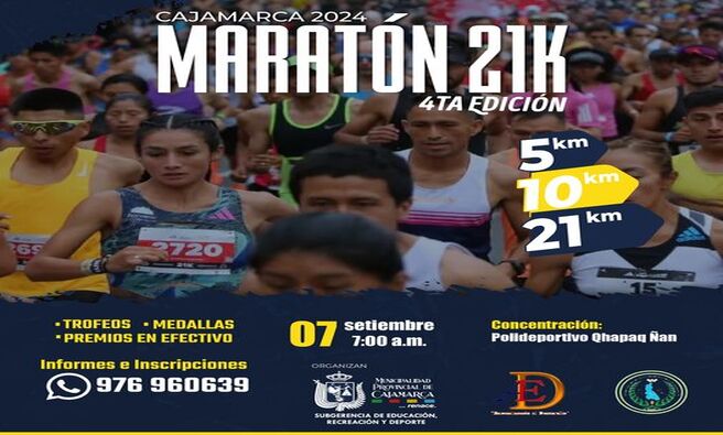 📅 El deporte y la pasión por correr se apoderan nuevamente de Cajamarca en la esperada 4ta Edición de la Maratón 21K, que se llevará a cabo este sábado 7 de septiembre desde las 7:00 a.m., teniendo como punto de partida el Complejo Polideportivo Qhapaq Ñan.
🌄 Este evento deportivo es una oportunidad única para todas las categorías: hombres, mujeres, y jóvenes, quienes recorrerán los paisajes más hermosos de nuestra ciudad, como Baños del Inca y Llacanora, con modalidades de 5, 10 y 21 kilómetros.
🏅 ¡No te quedes fuera! Disfruta de una experiencia deportiva inigualable y podrás ganar trofeos, medallas y atractivos premios en efectivo.
📞 Para más información e inscripciones, comunícate a los números 976 960 639 o 923 610 337.
🎉 ¡Corre por Cajamarca y sé parte de esta gran fiesta deportiva!