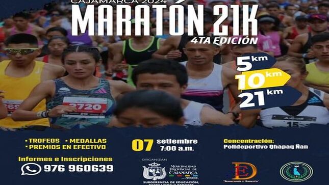 📅 El deporte y la pasión por correr se apoderan nuevamente de Cajamarca en la esperada 4ta Edición de la Maratón 21K, que se llevará a cabo este sábado 7 de septiembre desde las 7:00 a.m., teniendo como punto de partida el Complejo Polideportivo Qhapaq Ñan.
🌄 Este evento deportivo es una oportunidad única para todas las categorías: hombres, mujeres, y jóvenes, quienes recorrerán los paisajes más hermosos de nuestra ciudad, como Baños del Inca y Llacanora, con modalidades de 5, 10 y 21 kilómetros.
🏅 ¡No te quedes fuera! Disfruta de una experiencia deportiva inigualable y podrás ganar trofeos, medallas y atractivos premios en efectivo.
📞 Para más información e inscripciones, comunícate a los números 976 960 639 o 923 610 337.
🎉 ¡Corre por Cajamarca y sé parte de esta gran fiesta deportiva!