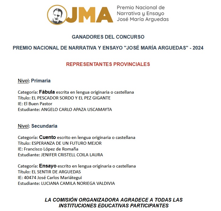 Ganadores del Concurso Premio Nacional de Narrativa y Ensayo "José María Arguedas" - 2024