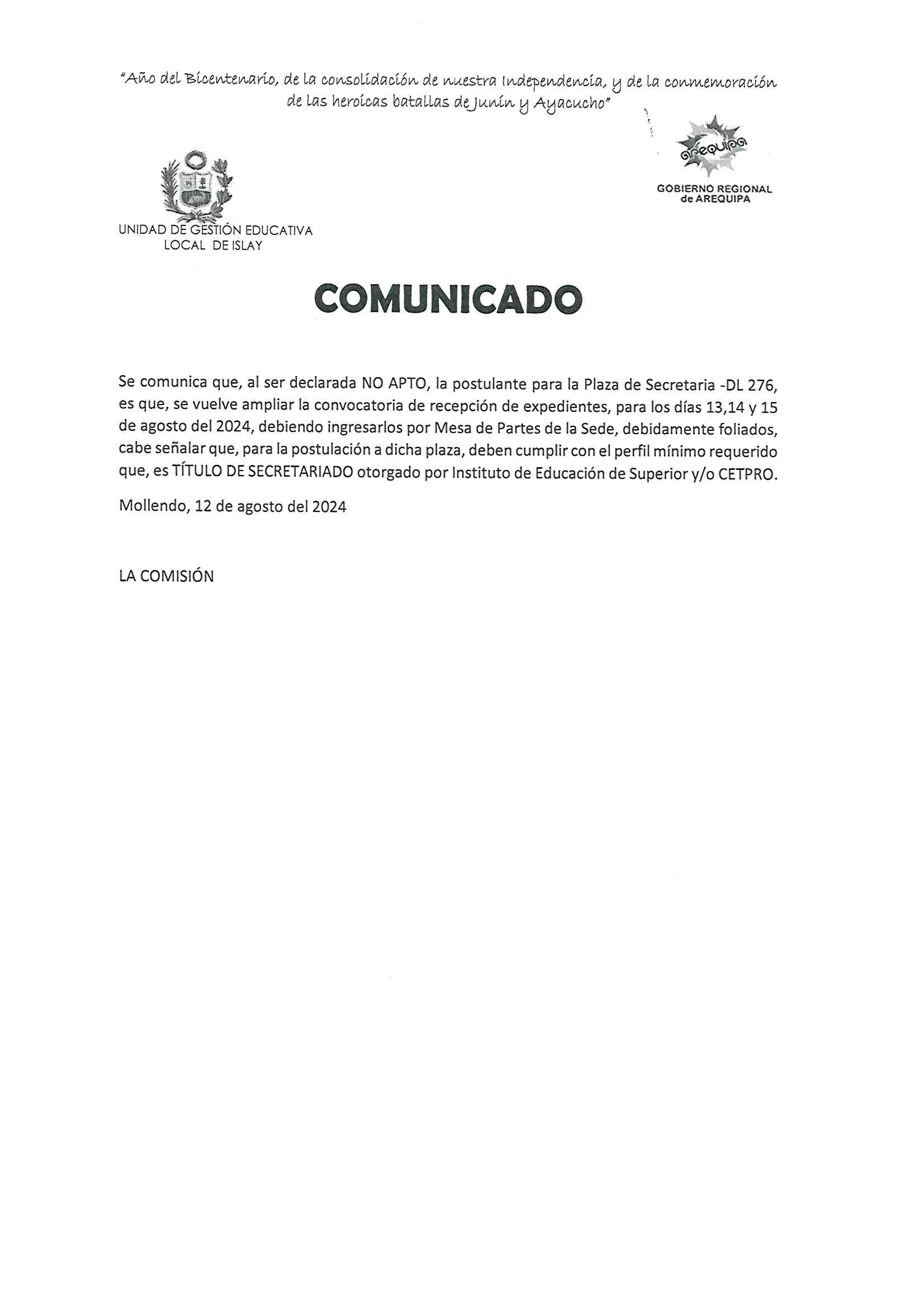 Comunicado - Convocatoria Nº 006-2024 Contrato Administrativo D.Leg. 276